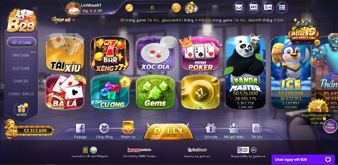 Giao diện cổng game B29