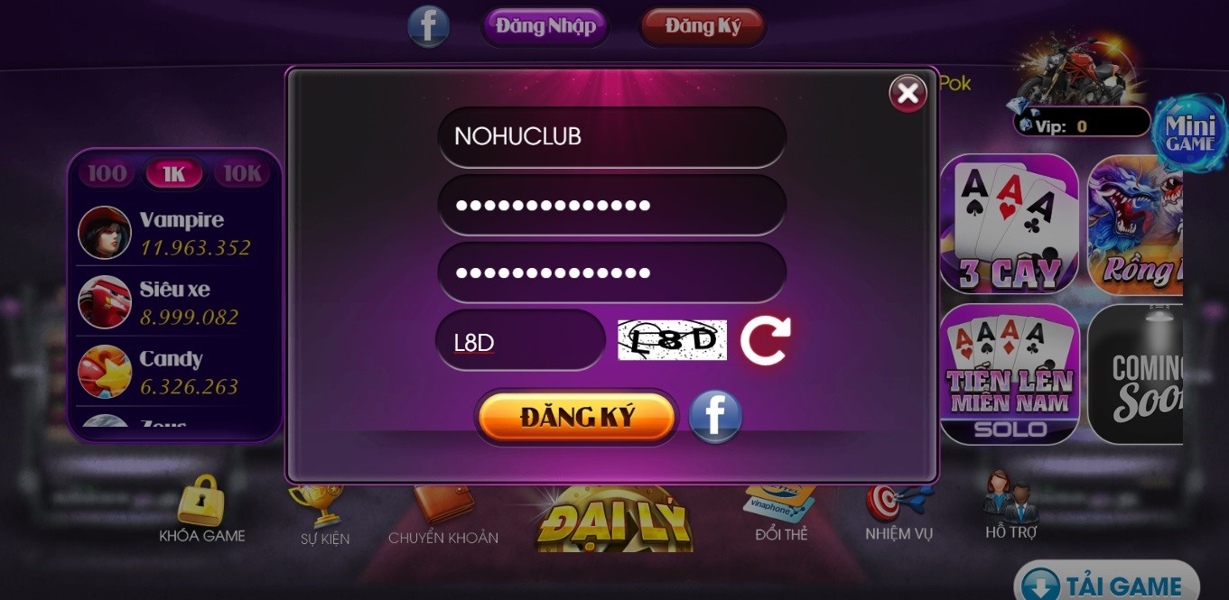 Giao diện đăng ký tài khoản cổng game Nohu Club